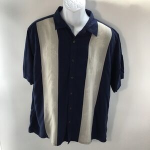 Campia Mens XL Navy Blue Rayon Button Down Tropical Palm Tree Bowling Shirt